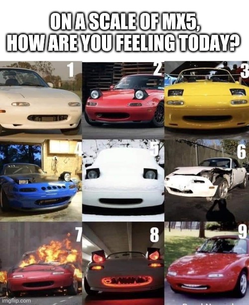 Day | ON A SCALE OF MX5, HOW ARE YOU FEELING TODAY? | image tagged in cars,mechanic,funny | made w/ Imgflip meme maker