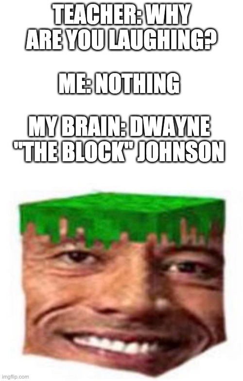 does anybody read the title? | ME: NOTHING; TEACHER: WHY ARE YOU LAUGHING? MY BRAIN: DWAYNE "THE BLOCK" JOHNSON | image tagged in blank white template,dwayne the block johnson | made w/ Imgflip meme maker