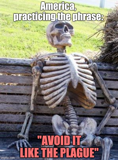 Following your own advice... | America, practicing the phrase:; "AVOID IT LIKE THE PLAGUE" | image tagged in memes,waiting skeleton,plague,phrase,practicing,america | made w/ Imgflip meme maker