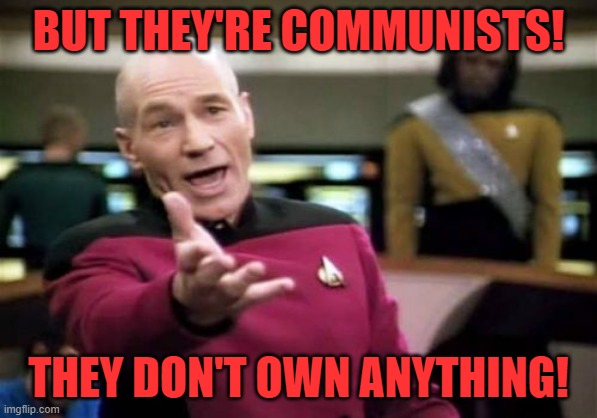 Picard Wtf Meme | BUT THEY'RE COMMUNISTS! THEY DON'T OWN ANYTHING! | image tagged in memes,picard wtf | made w/ Imgflip meme maker