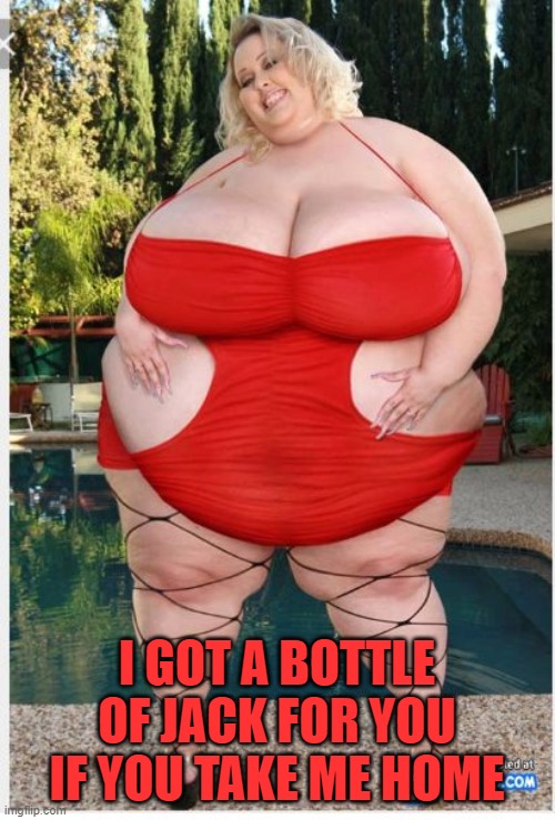 fat woman | I GOT A BOTTLE OF JACK FOR YOU IF YOU TAKE ME HOME | image tagged in fat woman | made w/ Imgflip meme maker