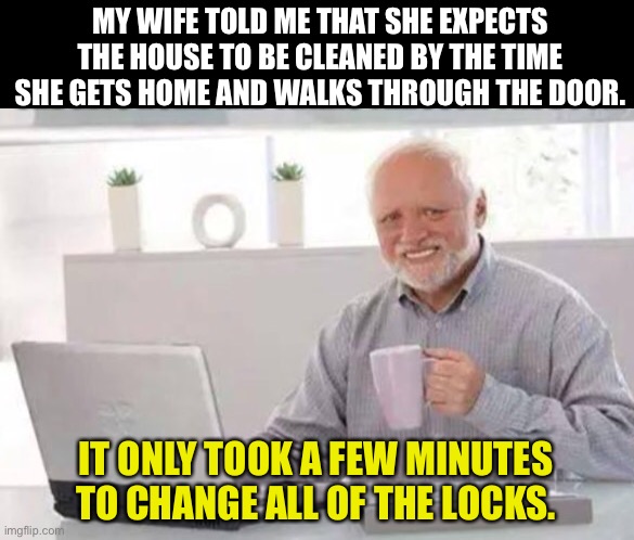 Harold | MY WIFE TOLD ME THAT SHE EXPECTS THE HOUSE TO BE CLEANED BY THE TIME SHE GETS HOME AND WALKS THROUGH THE DOOR. IT ONLY TOOK A FEW MINUTES TO CHANGE ALL OF THE LOCKS. | image tagged in harold | made w/ Imgflip meme maker