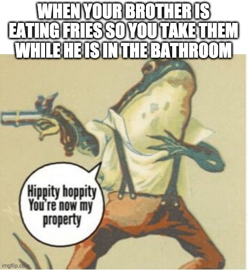 Give me that! | WHEN YOUR BROTHER IS EATING FRIES SO YOU TAKE THEM WHILE HE IS IN THE BATHROOM | image tagged in hippity hoppity you're now my property | made w/ Imgflip meme maker