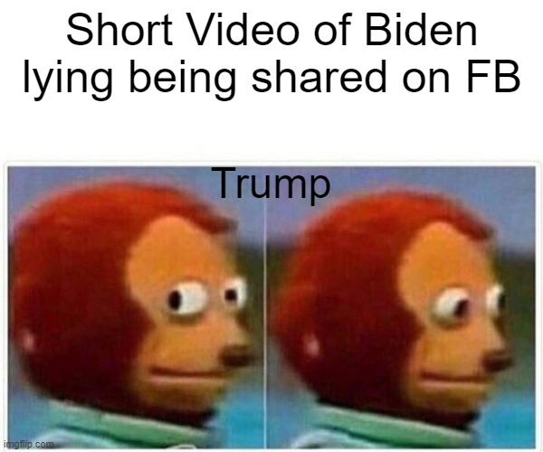 A video of Biden lying, eh? | Short Video of Biden lying being shared on FB; Trump | image tagged in memes,monkey puppet,trump,biden,2020 | made w/ Imgflip meme maker