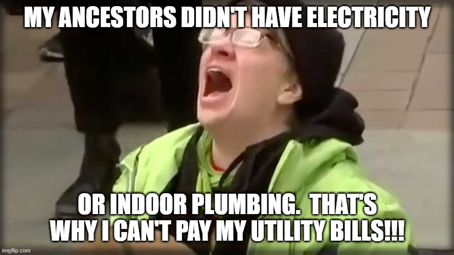 Trump SJW No | MY ANCESTORS DIDN'T HAVE ELECTRICITY; OR INDOOR PLUMBING.  THAT'S WHY I CAN'T PAY MY UTILITY BILLS!!! | image tagged in trump sjw no | made w/ Imgflip meme maker