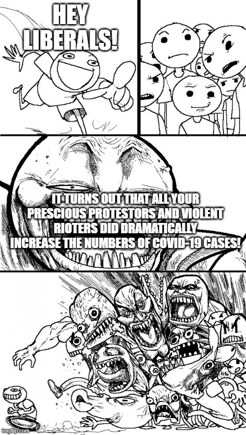 Hey Internet | HEY LIBERALS! IT TURNS OUT THAT ALL YOUR PRESCIOUS PROTESTORS AND VIOLENT RIOTERS DID DRAMATICALLY INCREASE THE NUMBERS OF COVID-19 CASES! | image tagged in memes,hey internet | made w/ Imgflip meme maker