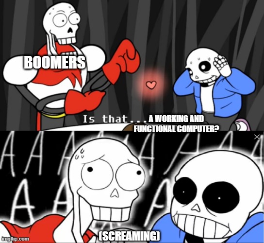 Boomers are scared | BOOMERS; A WORKING AND FUNCTIONAL COMPUTER? (SCREAMING) | image tagged in pafriskus scene fixed | made w/ Imgflip meme maker