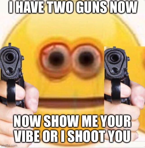 VIBE | I HAVE TWO GUNS NOW; NOW SHOW ME YOUR VIBE OR I SHOOT YOU | image tagged in vibe | made w/ Imgflip meme maker