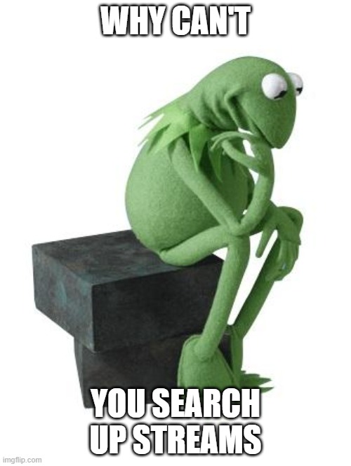 hmmmm | WHY CAN'T; YOU SEARCH UP STREAMS | image tagged in philosophy kermit | made w/ Imgflip meme maker