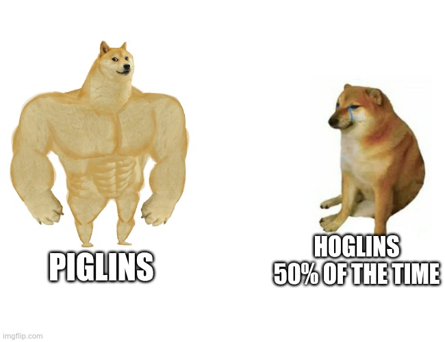 Buff Doge vs. Cheems Meme | HOGLINS 50% OF THE TIME; PIGLINS | image tagged in swole doge vs cheems | made w/ Imgflip meme maker