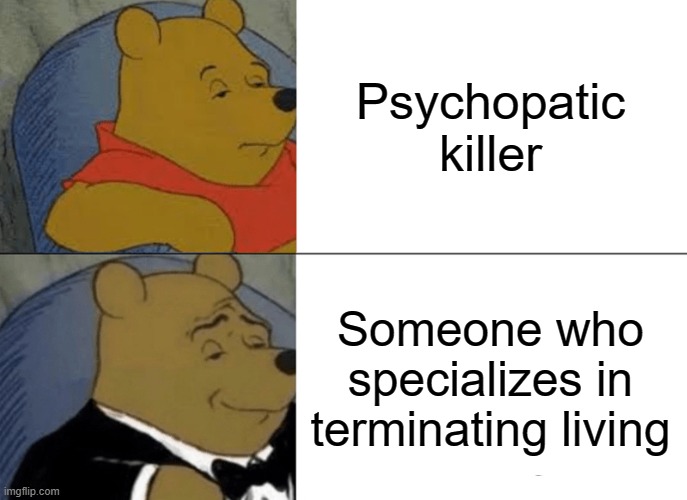 A more politically correct, less demeaning term | Psychopatic killer; Someone who specializes in terminating living | image tagged in memes,tuxedo winnie the pooh | made w/ Imgflip meme maker