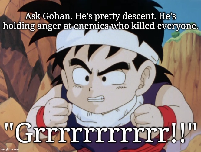 Ask Gohan. | Ask Gohan. He's pretty descent. He's holding anger at enemies who killed everyone. "Grrrrrrrrrrr!!" | image tagged in gohan do i look like dbz,memes,dragon ball z,gohan,anger | made w/ Imgflip meme maker