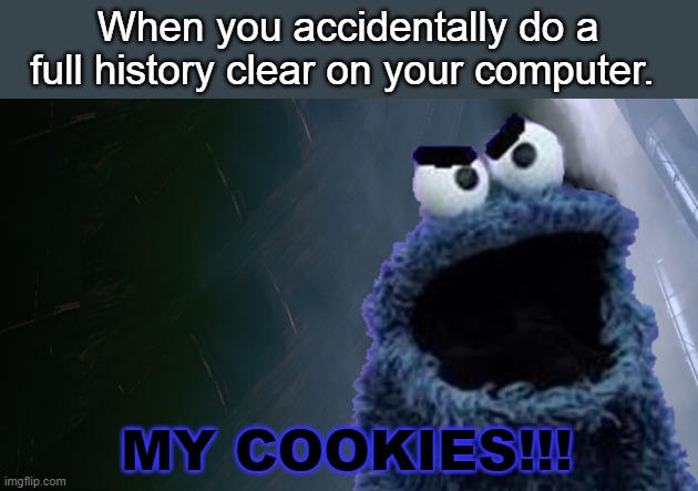 I did this ;-; | When you accidentally do a full history clear on your computer. MY COOKIES!!! | image tagged in angry cookie monster,cookies,cookie monster,funny,dank memes | made w/ Imgflip meme maker