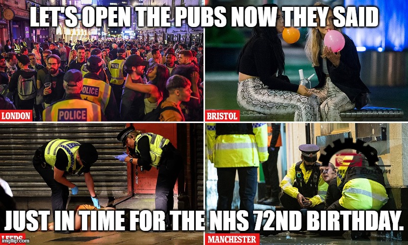 As if they don't already have enough on their hands... | LET'S OPEN THE PUBS NOW THEY SAID; JUST IN TIME FOR THE NHS 72ND BIRTHDAY. | image tagged in super saturday pub brawling fight,fighting,go home you're drunk,alcoholism,nhs,too soon | made w/ Imgflip meme maker