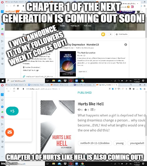 CHAPTER 1 OF THE NEXT GENERATION IS COMING OUT SOON! I WILL ANNOUNCE IT TO MY FOLLOWERS WHEN IT COMES OUT! CHAPTER 1 OF HURTS LIKE HELL IS ALSO COMING OUT! | made w/ Imgflip meme maker