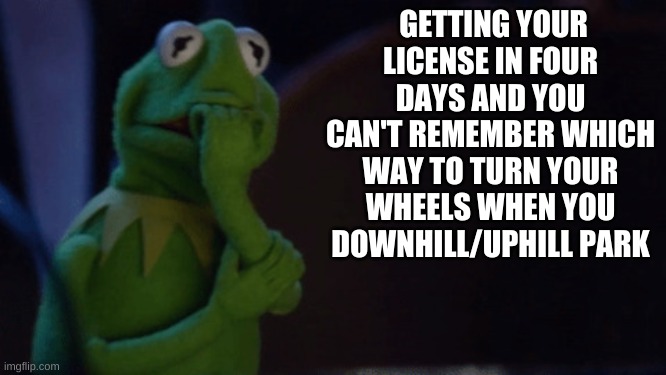 Nervous Kermit | GETTING YOUR LICENSE IN FOUR DAYS AND YOU CAN'T REMEMBER WHICH WAY TO TURN YOUR WHEELS WHEN YOU DOWNHILL/UPHILL PARK | image tagged in nervous kermit | made w/ Imgflip meme maker