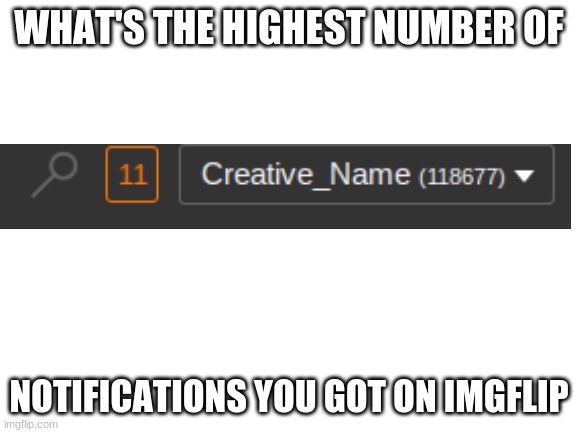 The max I got is 11. I'm pretty sure someone got more then me. | WHAT'S THE HIGHEST NUMBER OF; NOTIFICATIONS YOU GOT ON IMGFLIP | image tagged in blank white template,imgflip,notifications | made w/ Imgflip meme maker