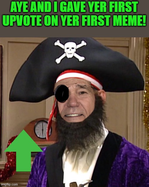 AYE AND I GAVE YER FIRST UPVOTE ON YER FIRST MEME! | image tagged in kewlew as pirate | made w/ Imgflip meme maker