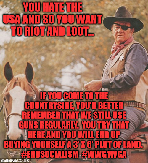 John wayne | YOU HATE THE USA AND SO YOU WANT TO RIOT AND LOOT... IF YOU COME TO THE COUNTRYSIDE, YOU'D BETTER REMEMBER THAT WE STILL USE GUNS REGULARLY.  YOU TRY THAT HERE AND YOU WILL END UP BUYING YOURSELF A 3' X 6' PLOT OF LAND. 
#ENDSOCIALISM  #WWG1WGA | image tagged in john wayne | made w/ Imgflip meme maker