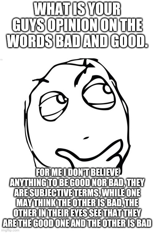 Question Rage Face Meme | WHAT IS YOUR GUYS OPINION ON THE WORDS BAD AND GOOD. FOR ME I DON'T BELIEVE ANYTHING TO BE GOOD NOR BAD, THEY ARE SUBJECTIVE TERMS, WHILE ONE MAY THINK THE OTHER IS BAD, THE OTHER IN THEIR EYES SEE THAT THEY ARE THE GOOD ONE AND THE OTHER IS BAD | image tagged in memes,question rage face | made w/ Imgflip meme maker