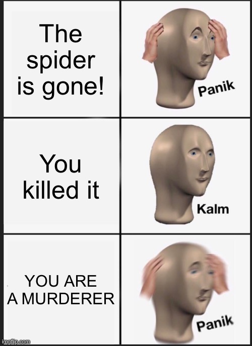 Panik Kalm Panik Meme | The spider is gone! You killed it YOU ARE A MURDERER | image tagged in memes,panik kalm panik | made w/ Imgflip meme maker