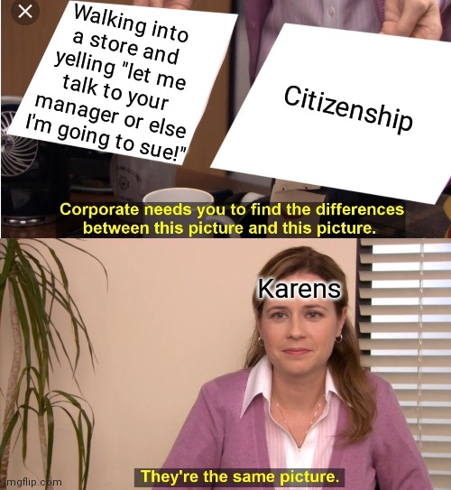 The Office Pam | Walking into a store and yelling "let me talk to your manager or else I'm going to sue!"; Citizenship; Karens | image tagged in the office pam | made w/ Imgflip meme maker