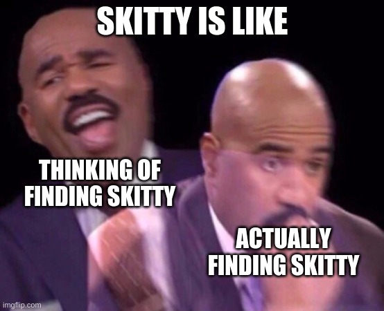 Skitty | SKITTY IS LIKE; THINKING OF FINDING SKITTY; ACTUALLY FINDING SKITTY | image tagged in steve harvey laughing serious | made w/ Imgflip meme maker