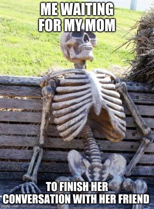 Waiting Skeleton | ME WAITING FOR MY MOM; TO FINISH HER CONVERSATION WITH HER FRIEND | image tagged in memes,waiting skeleton | made w/ Imgflip meme maker