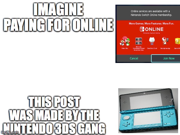 My online just expired | IMAGINE PAYING FOR ONLINE; THIS POST WAS MADE BY THE NINTENDO 3DS GANG | image tagged in blank white template | made w/ Imgflip meme maker