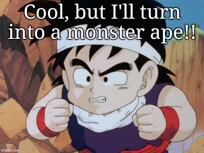 Gohan "Do I look like.." (DBZ) | Cool, but I'll turn into a monster ape!! | image tagged in gohan do i look like dbz | made w/ Imgflip meme maker