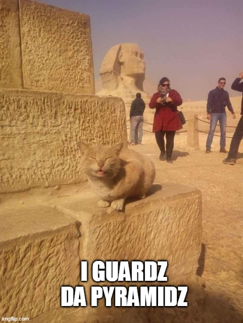 sphinx | I GUARDZ DA PYRAMIDZ | image tagged in spinx,cats | made w/ Imgflip meme maker