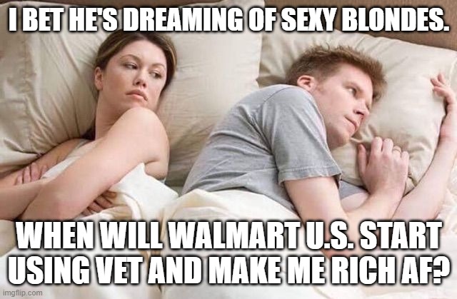 Angry wife in bed flipped | I BET HE'S DREAMING OF SEXY BLONDES. WHEN WILL WALMART U.S. START USING VET AND MAKE ME RICH AF? | image tagged in angry wife in bed flipped,Vechain | made w/ Imgflip meme maker