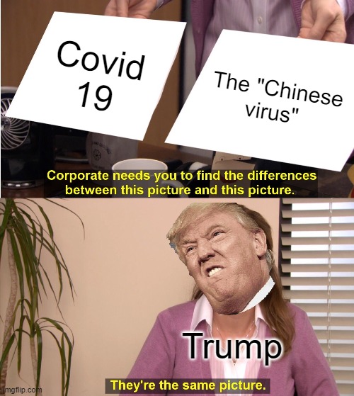 Something for the people | Covid 19; The "Chinese virus"; Trump | image tagged in memes,they're the same picture | made w/ Imgflip meme maker