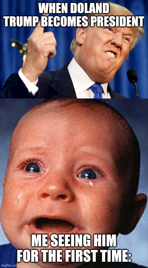 WHEN DOLAND TRUMP BECOMES PRESIDENT; ME SEEING HIM FOR THE FIRST TIME: | image tagged in donald trump,crying baby | made w/ Imgflip meme maker