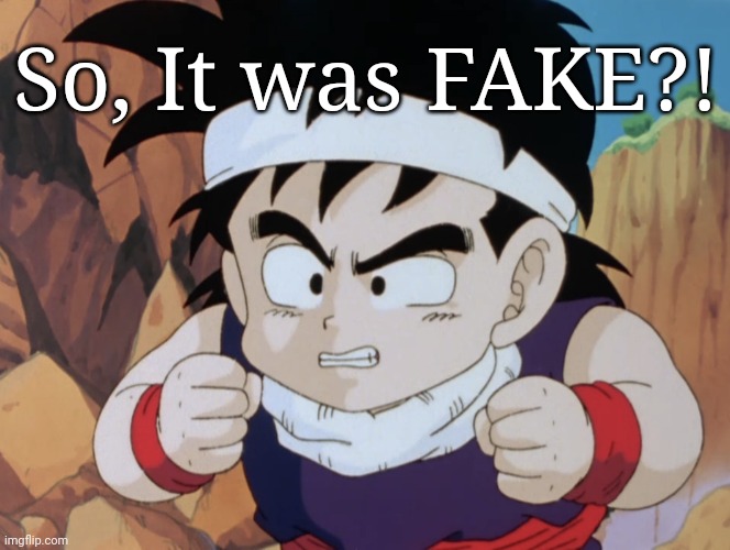 Gohan "Do I look like.." (DBZ) | So, It was FAKE?! | image tagged in gohan do i look like dbz | made w/ Imgflip meme maker