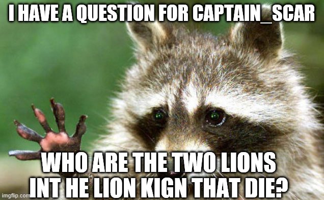 just remind me please | I HAVE A QUESTION FOR CAPTAIN_SCAR; WHO ARE THE TWO LIONS INT HE LION KIGN THAT DIE? | image tagged in i have questions raccoon | made w/ Imgflip meme maker