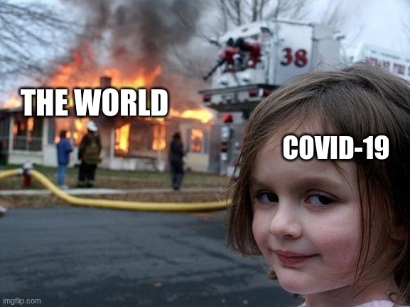 idk | THE WORLD; COVID-19 | image tagged in memes,disaster girl,covid-19 | made w/ Imgflip meme maker