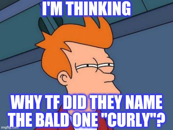 Futurama Fry Meme | I'M THINKING WHY TF DID THEY NAME THE BALD ONE "CURLY"? | image tagged in memes,futurama fry | made w/ Imgflip meme maker