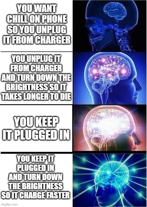 Expanding Brain | YOU WANT CHILL ON PHONE SO YOU UNPLUG IT FROM CHARGER; YOU UNPLUG IT FROM CHARGER AND TURN DOWN THE BRIGHTNESS SO IT TAKES LONGER TO DIE; YOU KEEP IT PLUGGED IN; YOU KEEP IT PLUGGED IN AND TURN DOWN THE BRIGHTNESS SO IT CHARGE FASTER | image tagged in memes,expanding brain | made w/ Imgflip meme maker