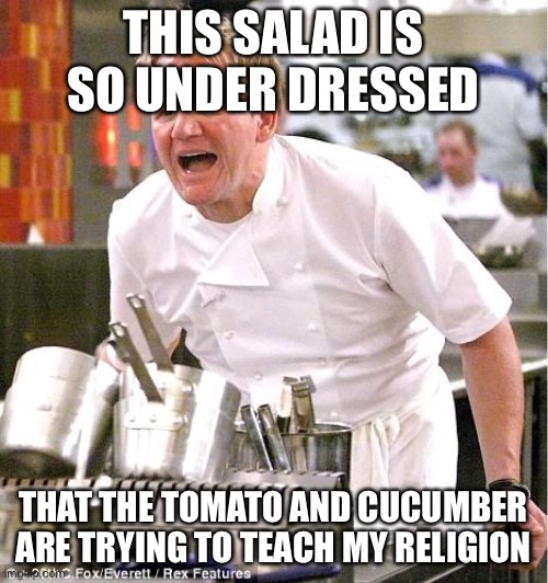 Chef Gordon Ramsay Meme | THIS SALAD IS SO UNDER DRESSED; THAT THE TOMATO AND CUCUMBER ARE TRYING TO TEACH MY RELIGION | image tagged in memes,chef gordon ramsay | made w/ Imgflip meme maker