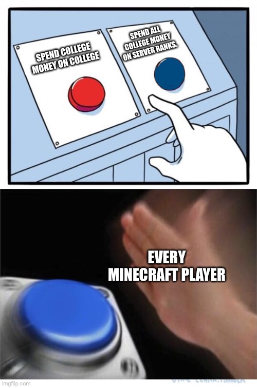 Minecraft or college | SPEND ALL COLLEGE MONEY ON SERVER RANKS. SPEND COLLEGE MONEY ON COLLEGE; EVERY MINECRAFT PLAYER | image tagged in two buttons 1 blue,minecraft | made w/ Imgflip meme maker