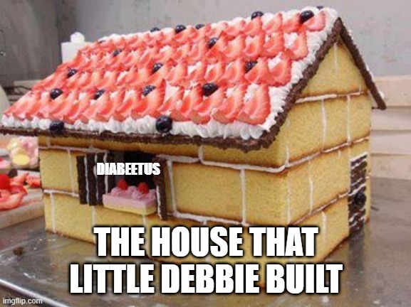 DIABEETUS; THE HOUSE THAT
LITTLE DEBBIE BUILT | image tagged in little debbie,diabeetus,cake house | made w/ Imgflip meme maker