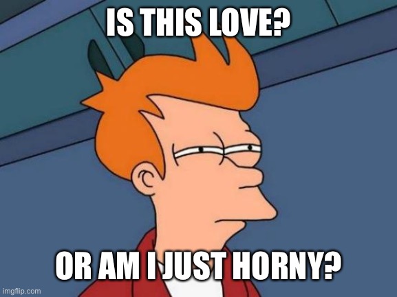 Fry lurve | IS THIS LOVE? OR AM I JUST HORNY? | image tagged in memes,futurama fry | made w/ Imgflip meme maker