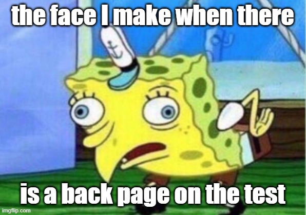 there's still more!? | the face I make when there; is a back page on the test | image tagged in memes,mocking spongebob | made w/ Imgflip meme maker