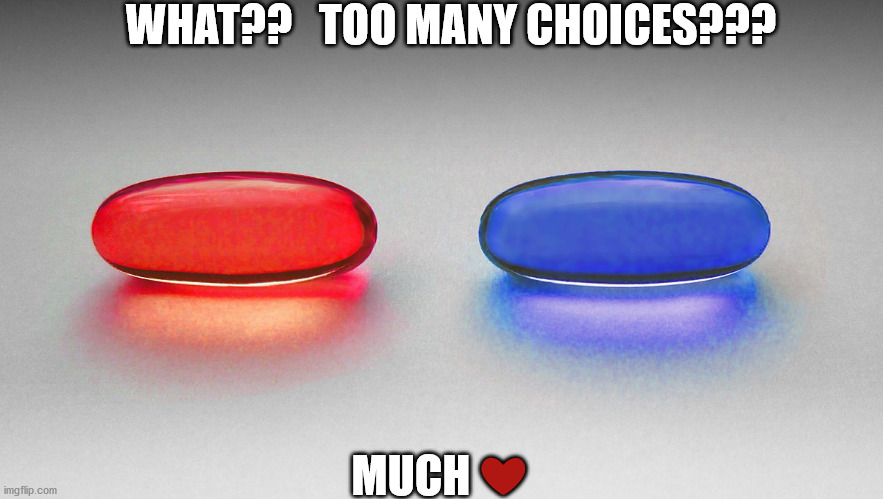 WHAT??   TOO MANY CHOICES??? MUCH ❤️ | image tagged in red pill blue pill | made w/ Imgflip meme maker