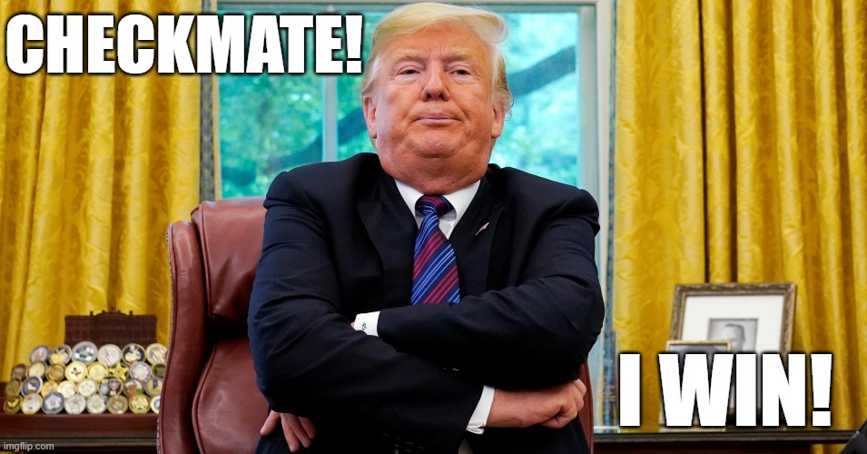 Always the hallmark of a high-quality argument. | CHECKMATE! I WIN! | image tagged in donald trump checkmate,debate,argument,arguments,trump,conservative logic | made w/ Imgflip meme maker