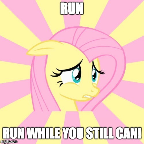 Awkward Fluttershy | RUN RUN WHILE YOU STILL CAN! | image tagged in awkward fluttershy | made w/ Imgflip meme maker