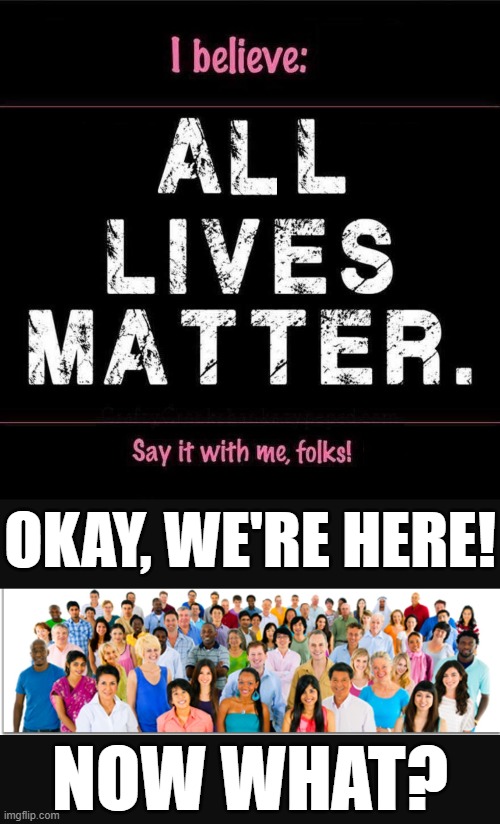 All Lives Matter? Okay, sure! ...now what? | OKAY, WE'RE HERE! NOW WHAT? | image tagged in all lives matter,black lives matter,blacklivesmatter,blm,conservative logic,people | made w/ Imgflip meme maker