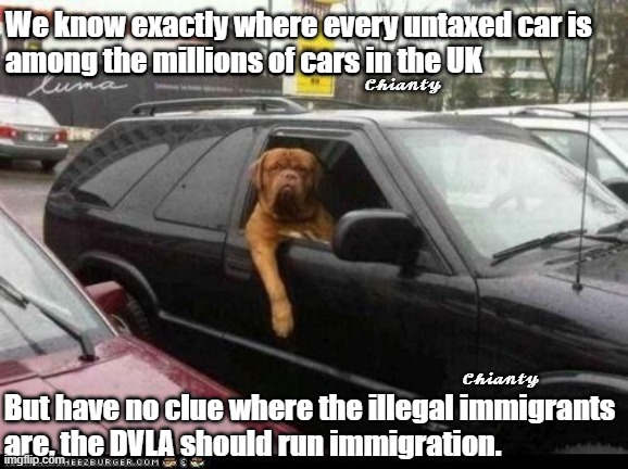 Know exactly | We know exactly where every untaxed car is 
among the millions of cars in the UK; 𝓒𝓱𝓲𝓪𝓷𝓽𝔂; 𝓒𝓱𝓲𝓪𝓷𝓽𝔂; But have no clue where the illegal immigrants
are, the DVLA should run immigration. | image tagged in immigration | made w/ Imgflip meme maker