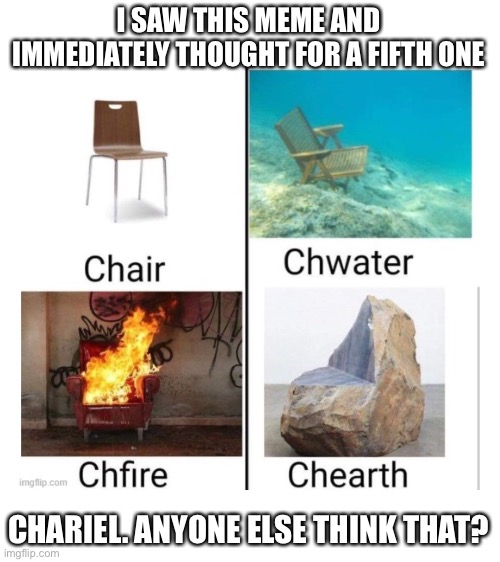 *its toriel’s reading chair. It’s name is chariel. | I SAW THIS MEME AND IMMEDIATELY THOUGHT FOR A FIFTH ONE; CHARIEL. ANYONE ELSE THINK THAT? | image tagged in blank white template,undertale | made w/ Imgflip meme maker